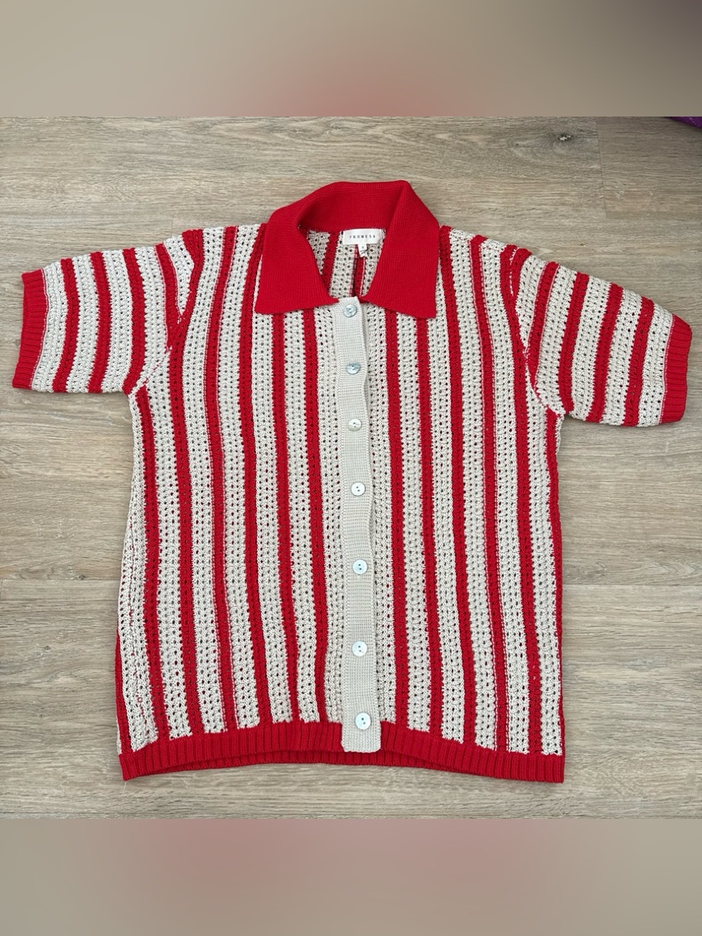 NWT Promesa Red & Cream Striped Crochet Button-Down Shirt Small
